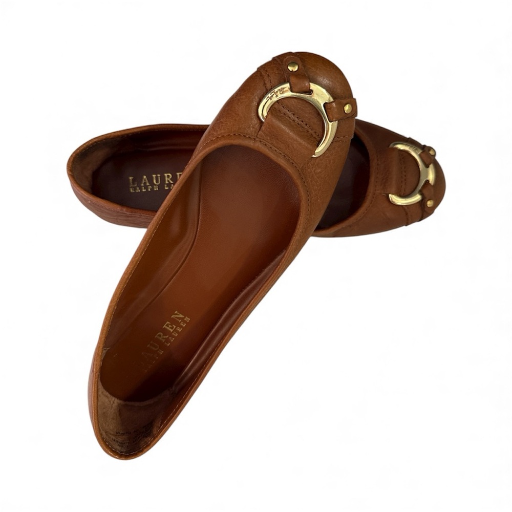 Lauren Ralph Lauren Flats Shoes Abigale Leather Horsebit Cognac Brown Size 6.5M